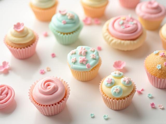 Assortiment de petits gâteaux individuels pour événement, aux couleurs pastel